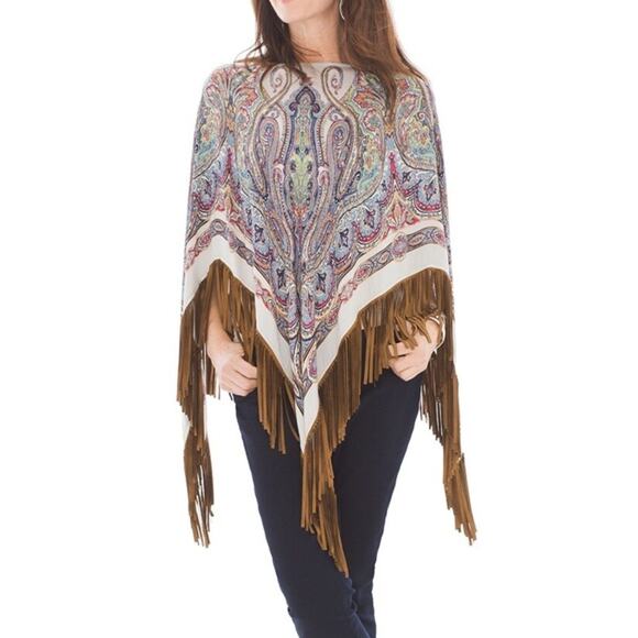 Chico’s Paisley Triangle Poncho, Faux Suede Trim, One Size Fits All - Picture 1 of 8